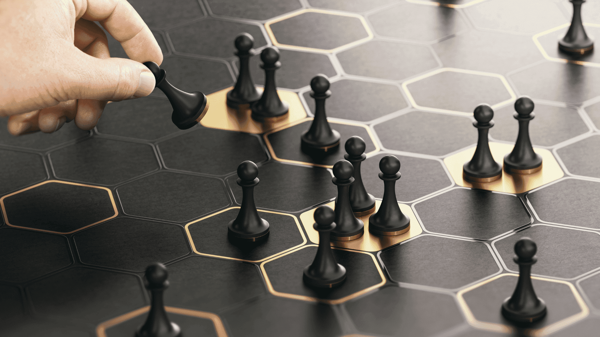Strategic planning concept with black pawns on a hexagonal board representing property investment decision-making